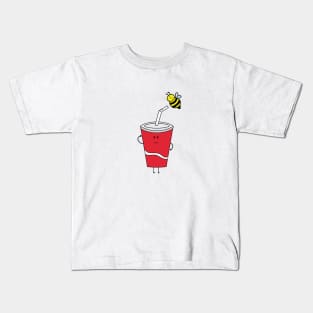 cute red cup drink with little bee perched on its straw Kids T-Shirt